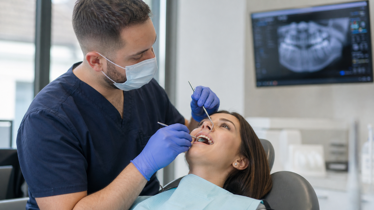 Dental Exams at Aroma Dental in Humble, TX: a dentist carrying out a comprehensive dental exam while digital x rays are displayed on screen