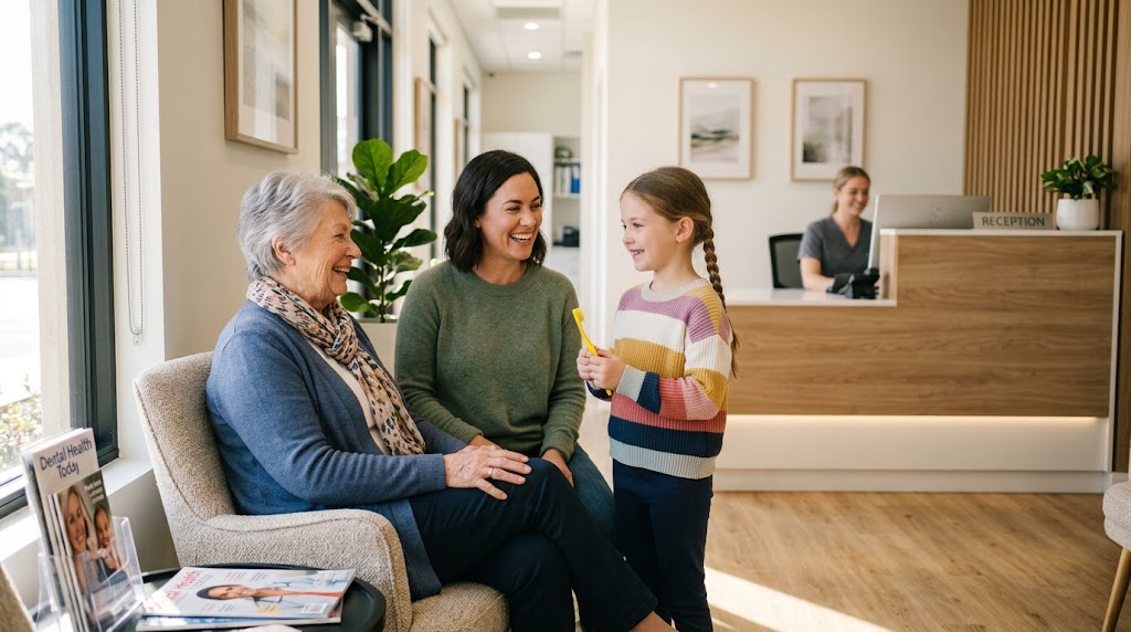 Family Dentistry at Aroma Dental in Humble, TX: a family dentist treating a parent and child during a shared family dental visit