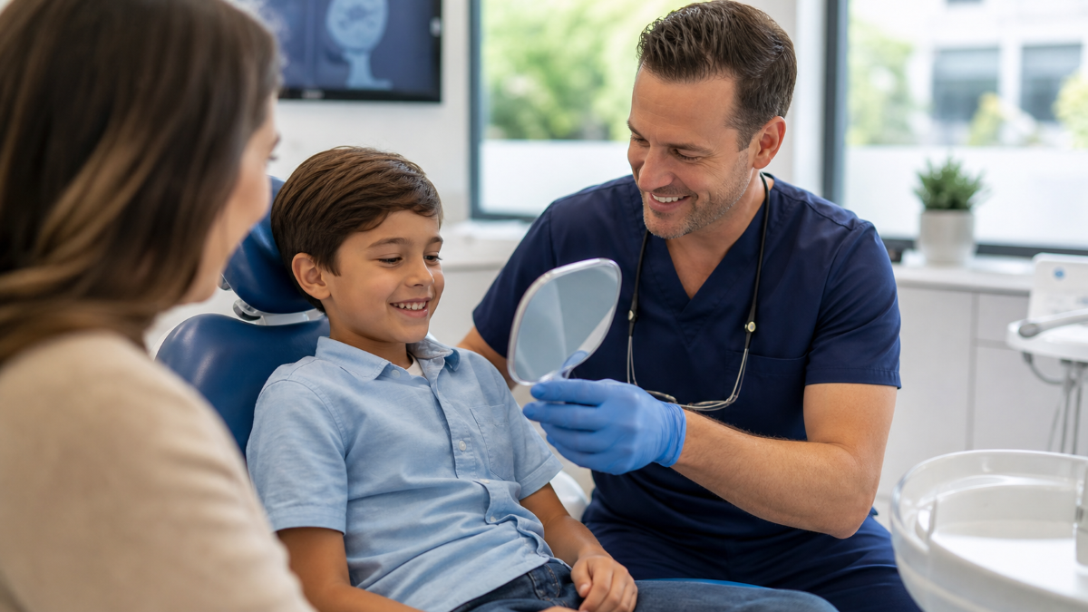 Pediatric Dentistry at Aroma Dental in Humble, TX: a pediatric dentist gently examining a smiling child in a child friendly dental chair