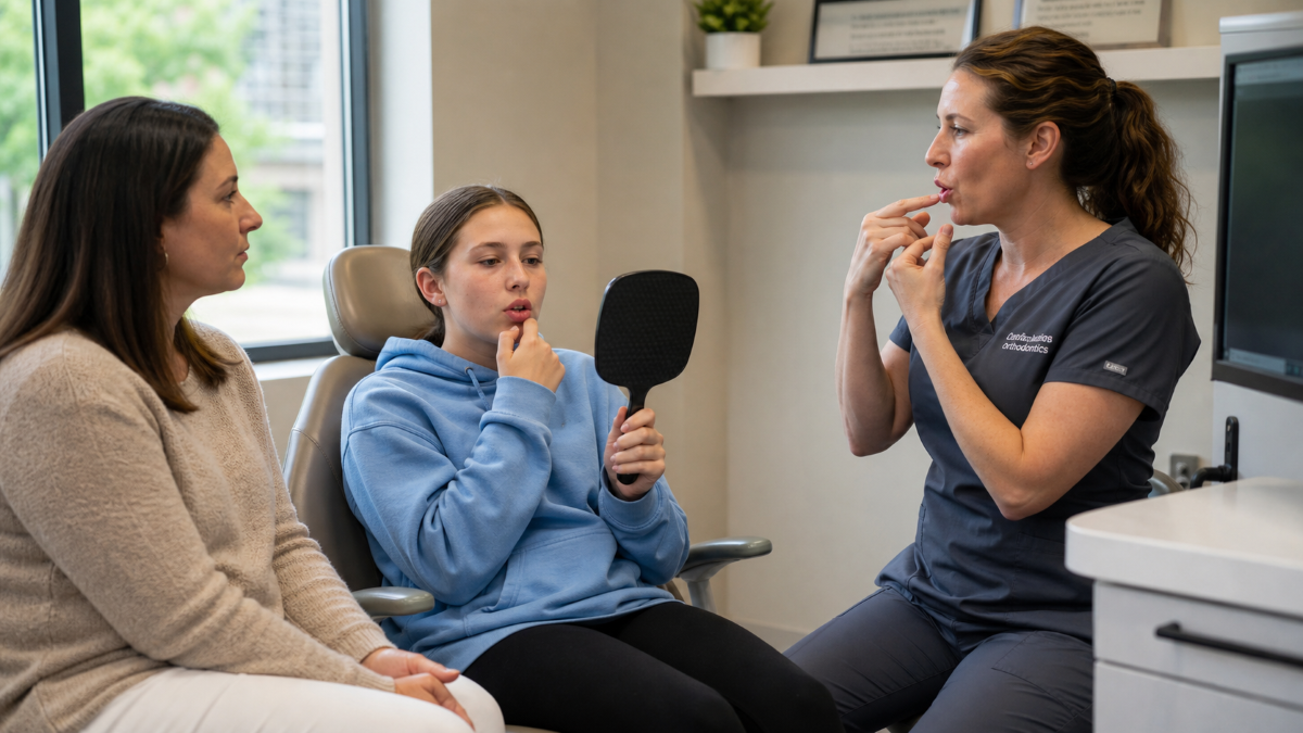 Tongue Tie Release at Aroma Dental in Humble, TX: a clinician assessing a young patient before a quick laser tongue tie release