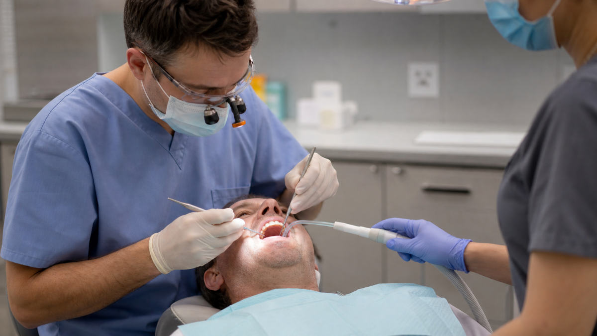 Tooth Filling treatment detail at Aroma Dental in Humble, TX: a dentist placing a shade matched composite tooth filling in a prepared cavity