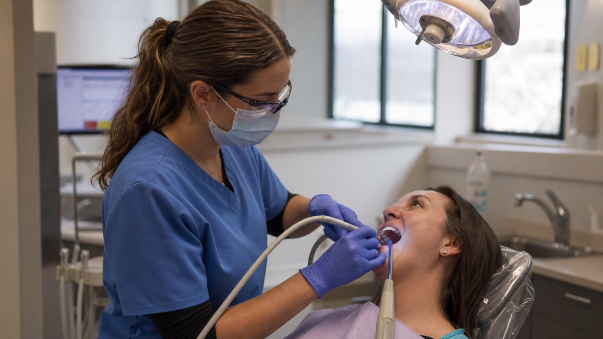 Dental Hygiene treatment detail at Aroma Dental in Humble, TX: a dental hygienist coaching a patient on brushing and flossing technique at the chair
