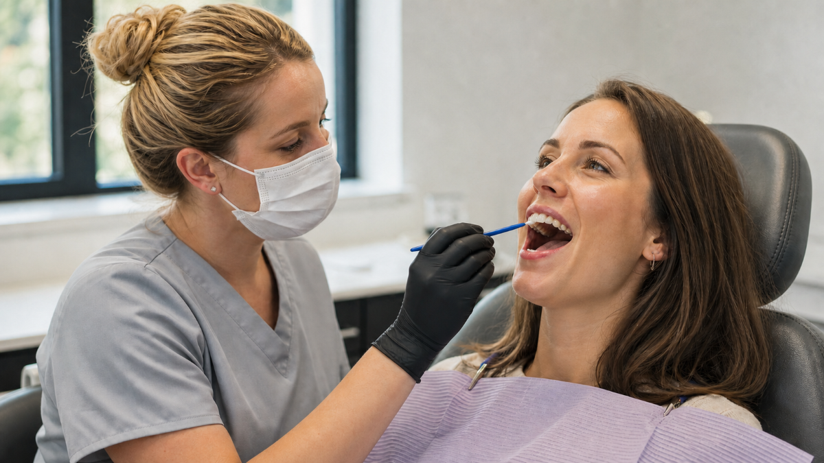 Fluoride Treatment at Aroma Dental in Humble, TX: a hygienist painting professional fluoride varnish onto freshly cleaned teeth