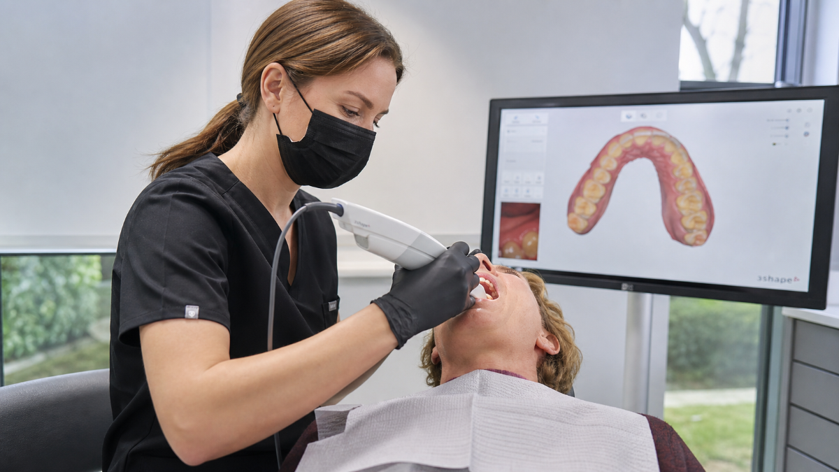 Night Guards at Aroma Dental in Humble, TX: a dentist fitting a custom made night guard for a patient who grinds their teeth