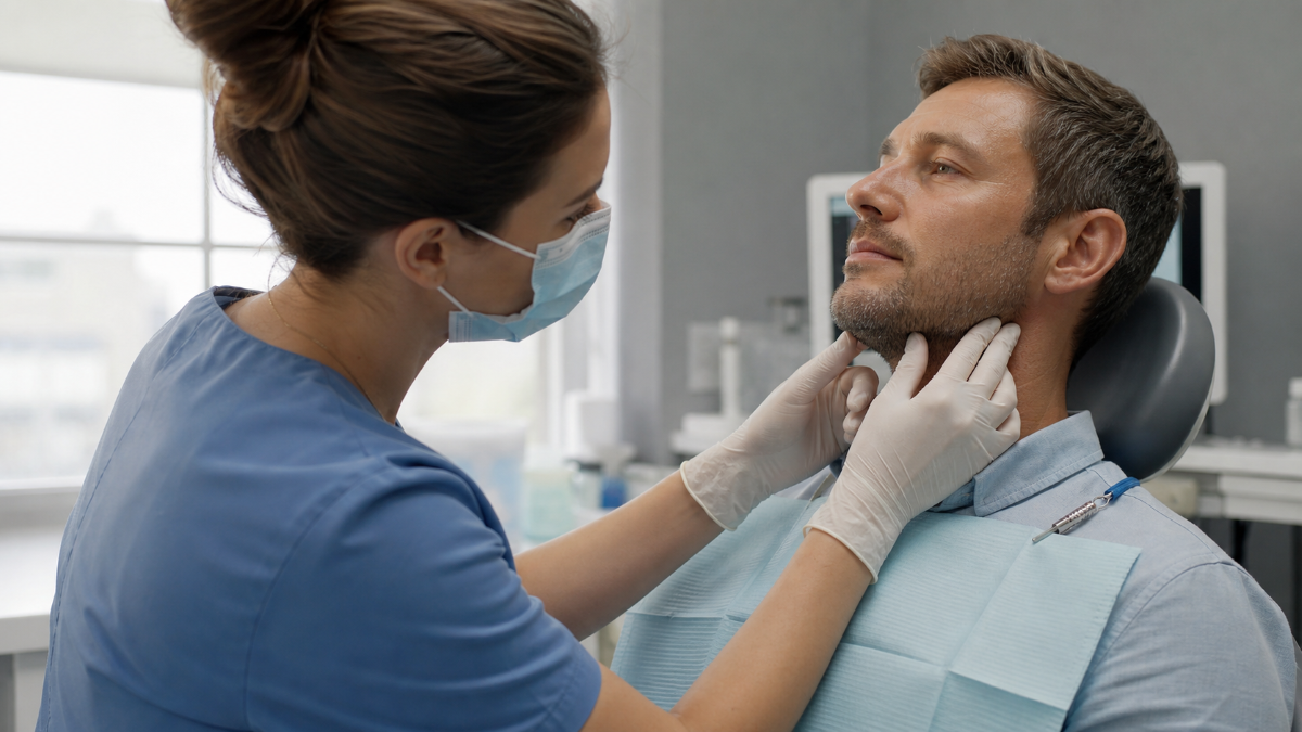 Oral Cancer Screening at Aroma Dental in Humble, TX: a dentist checking a patient's tongue and soft tissues during an oral cancer screening