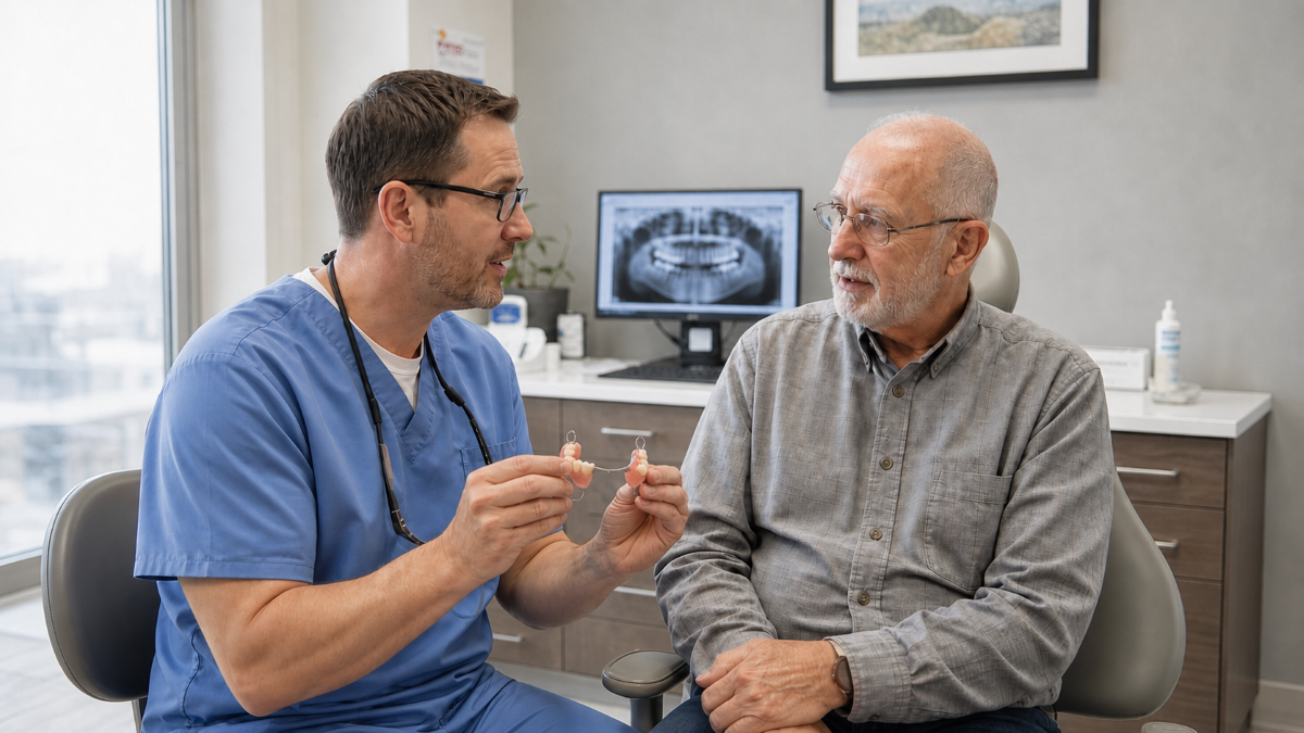 Dentures at Aroma Dental in Humble, TX: a dentist adjusting a set of natural looking dentures for a comfortable fit