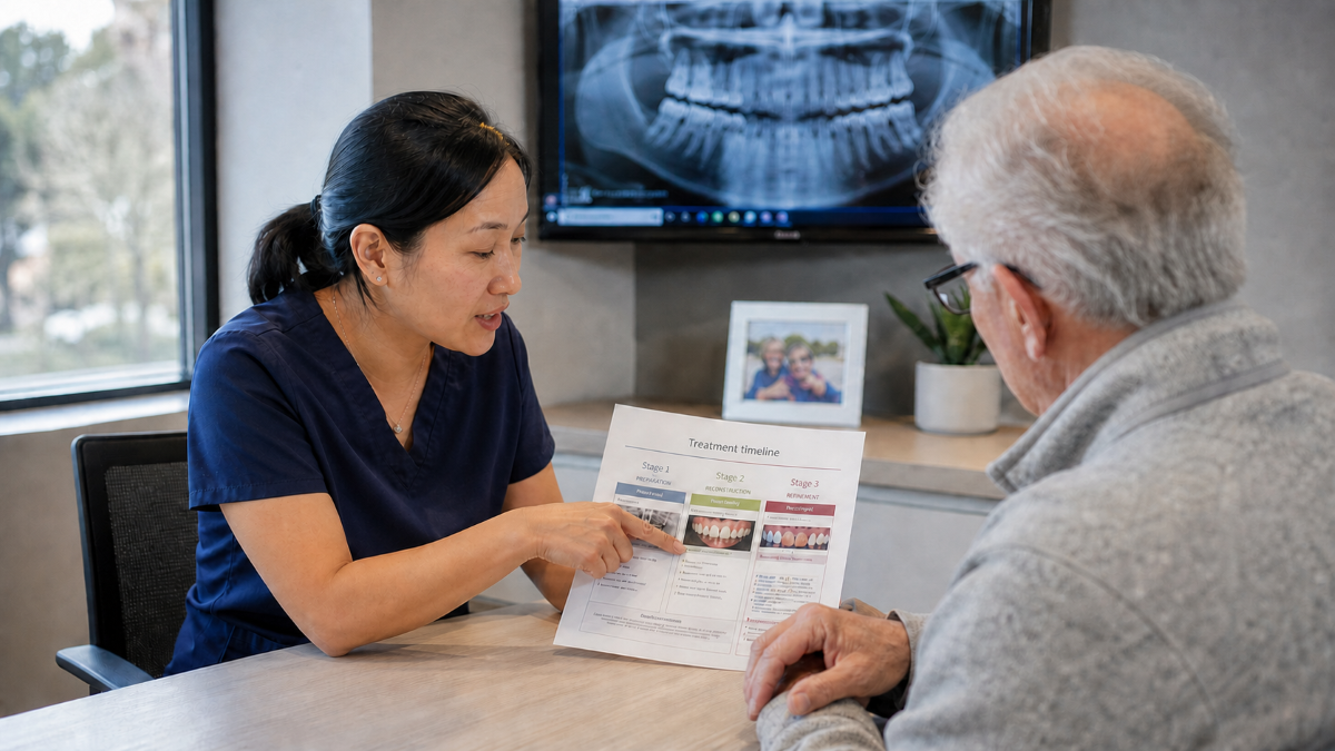 All on 4 Dental Implants at Aroma Dental in Humble, TX: a dentist showing a patient an all on 4 implant supported full arch model