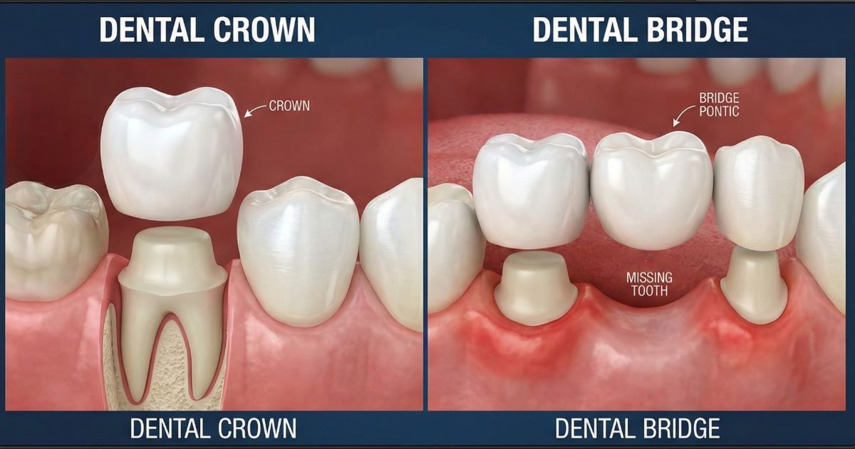Dental Crowns and Bridges treatment detail at Aroma Dental in Humble, TX: a dentist fitting a custom ceramic crown onto a prepared tooth
