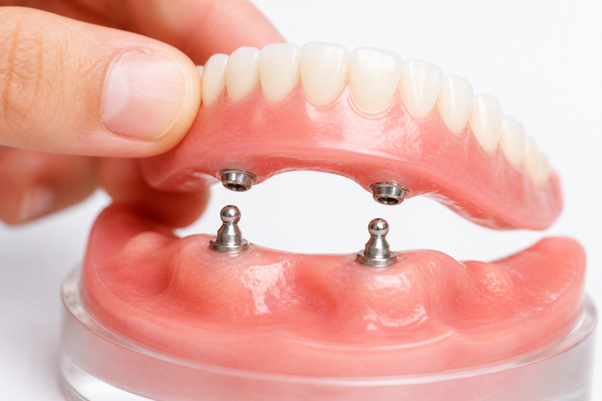 Snap On Dentures at Aroma Dental in Humble, TX: a dentist demonstrating how a snap on denture clips securely onto dental implants