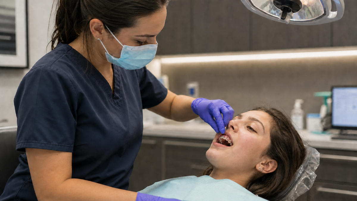 Braces at Aroma Dental in Humble, TX: an orthodontist adjusting fixed braces on a young patient during a routine visit