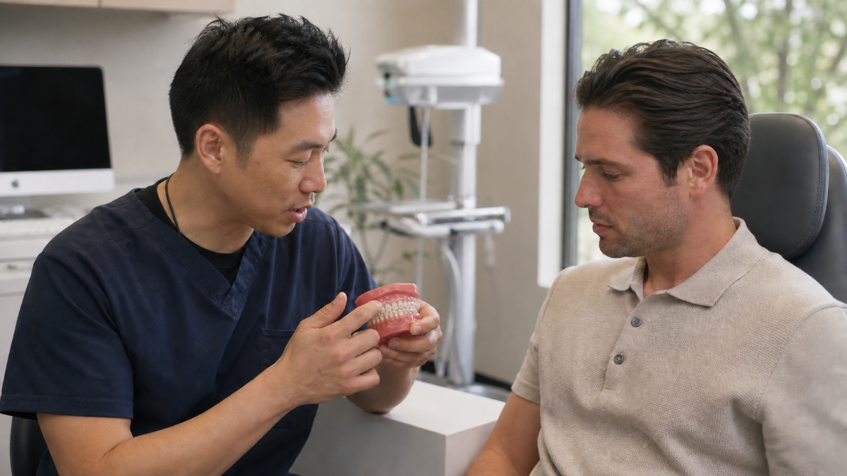 Clear Aligners at Aroma Dental in Humble, TX: a patient holding a nearly invisible clear aligner tray during an orthodontic review