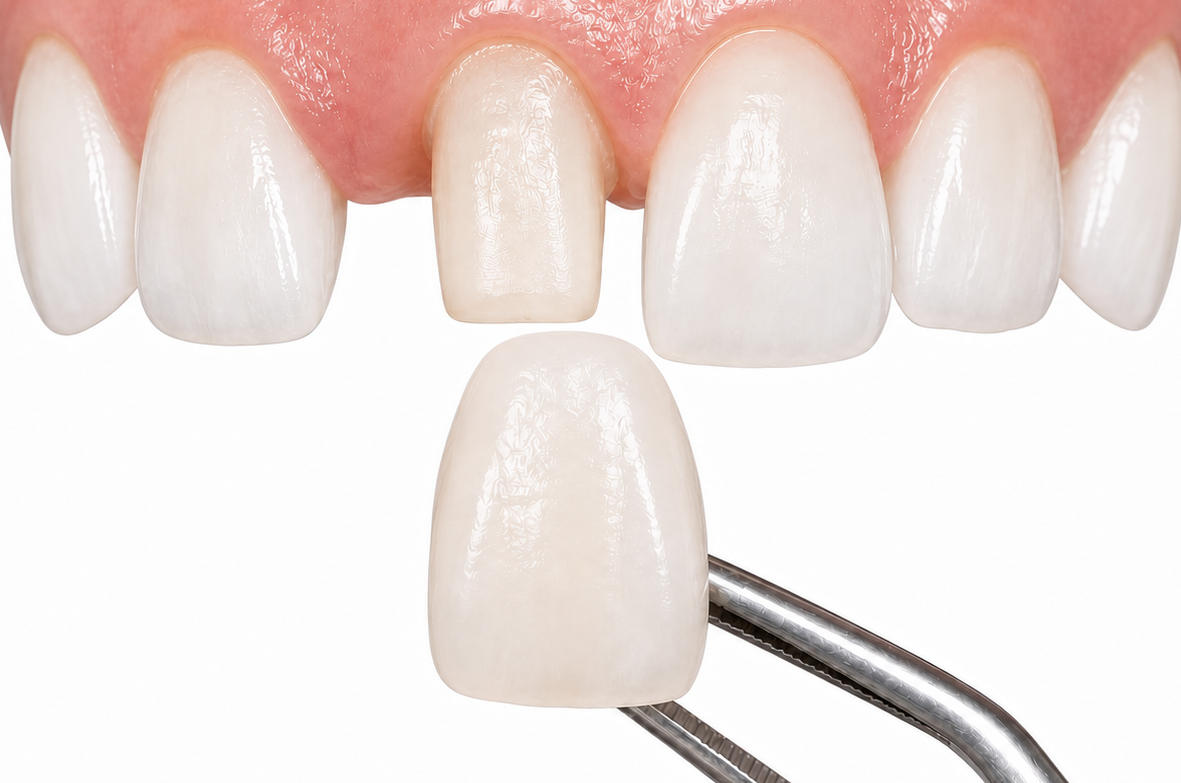 Veneers treatment detail at Aroma Dental in Humble, TX: a close view of custom porcelain veneers being bonded to a patient's front teeth