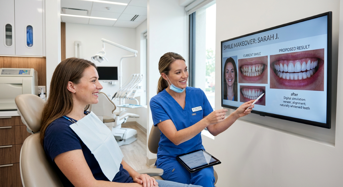 Smile Makeover treatment detail at Aroma Dental in Humble, TX: a dentist and patient reviewing a personalised smile makeover design together