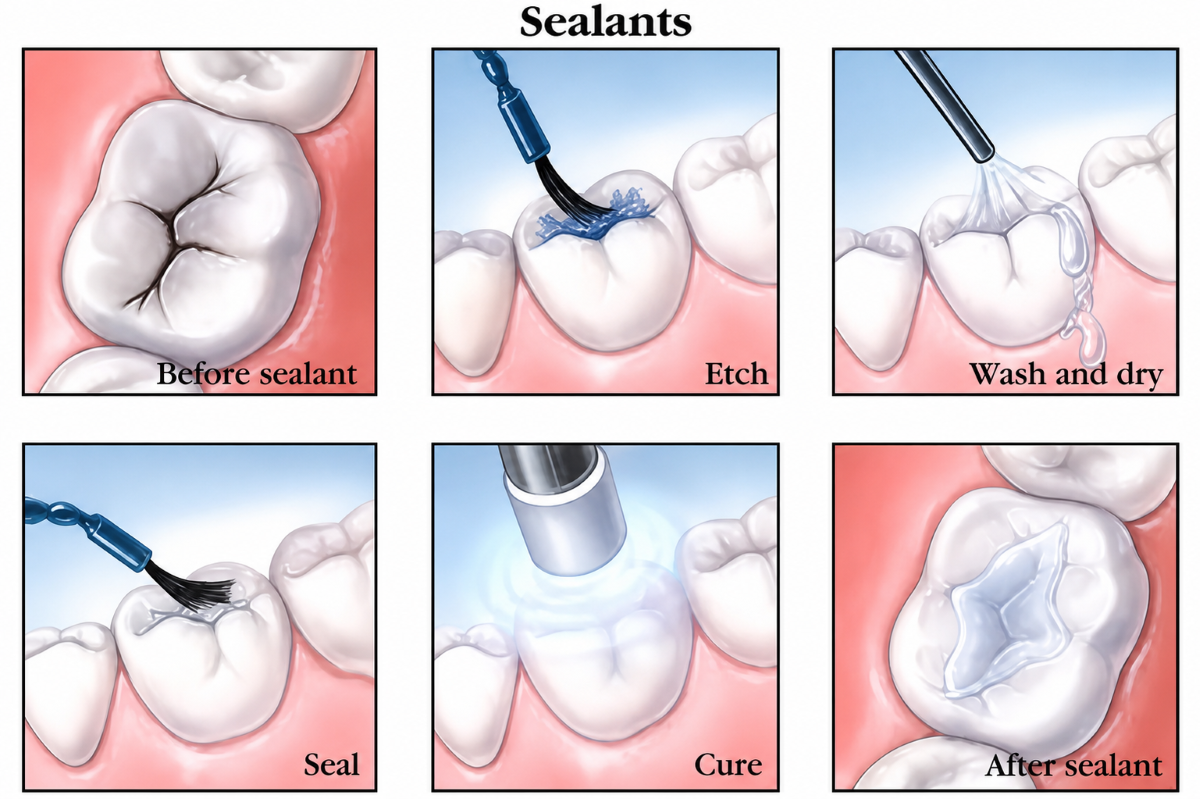 Diagram showing how dental sealants fill and protect molar grooves from bacteria and decay
