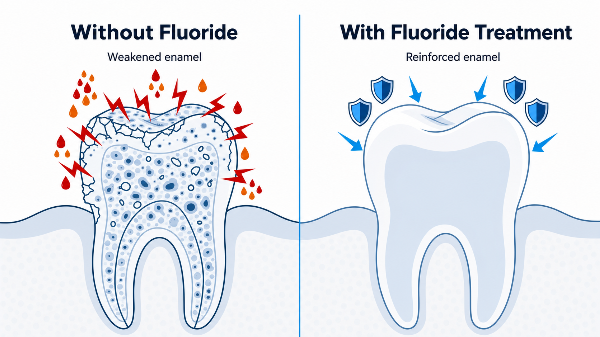 Diagram showing how fluoride treatment strengthens tooth enamel through remineralization