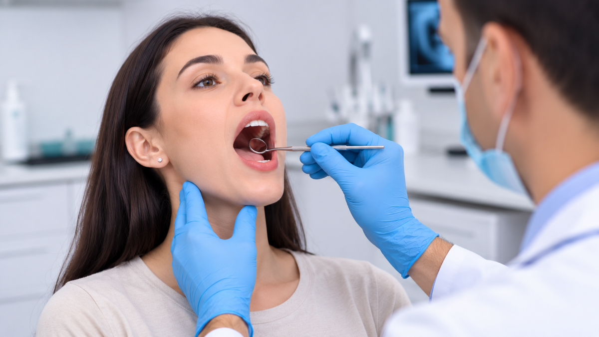 Dentist checking neck and jaw area during oral cancer screening in Guelph, Ontario
