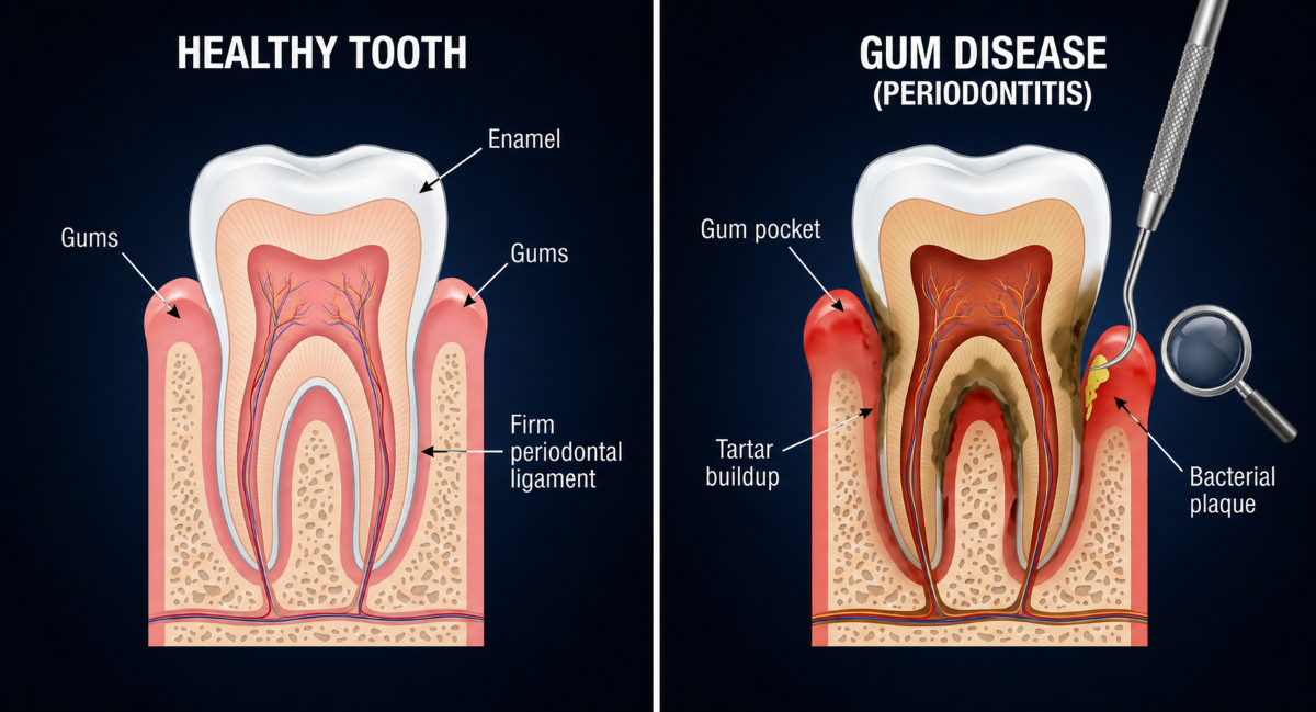 Diagram comparing healthy gum tissue and a periodontal pocket requiring scaling and root planing