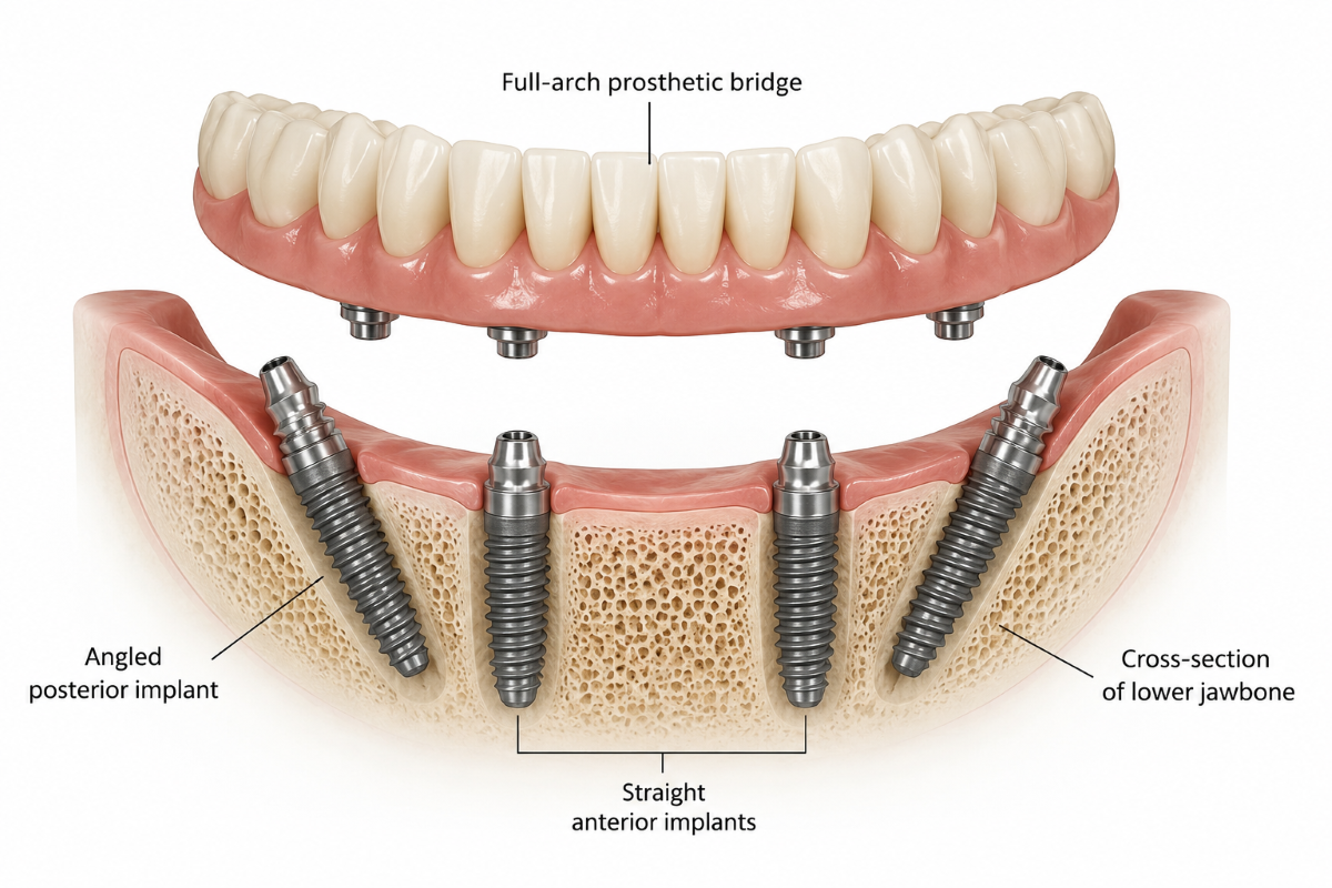 Diagram showing four implants in a jaw supporting a full-arch prosthesis for All-on-4 treatment