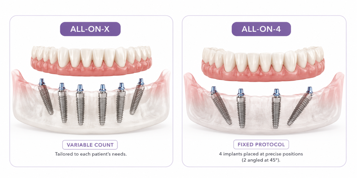 Diagram comparing All-on-X variable implant protocol and All-on-4 fixed protocol at Guelph Village Dental, Guelph.