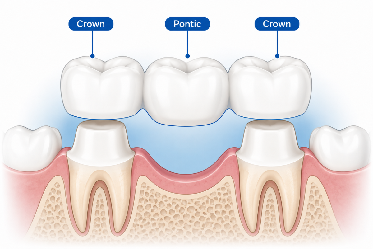Diagram showing how a dental bridge replaces a missing tooth using crowns on adjacent teeth
