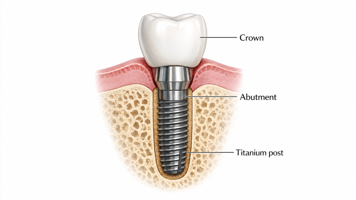Anatomy of a dental implant showing titanium post, abutment, and crown