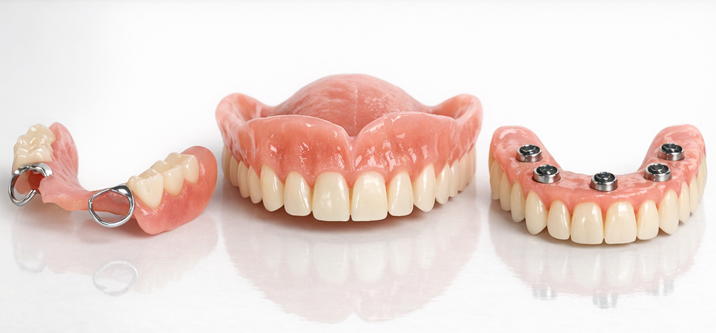 Types of dentures available at Guelph Village Dental: partial, full, and implant-supported