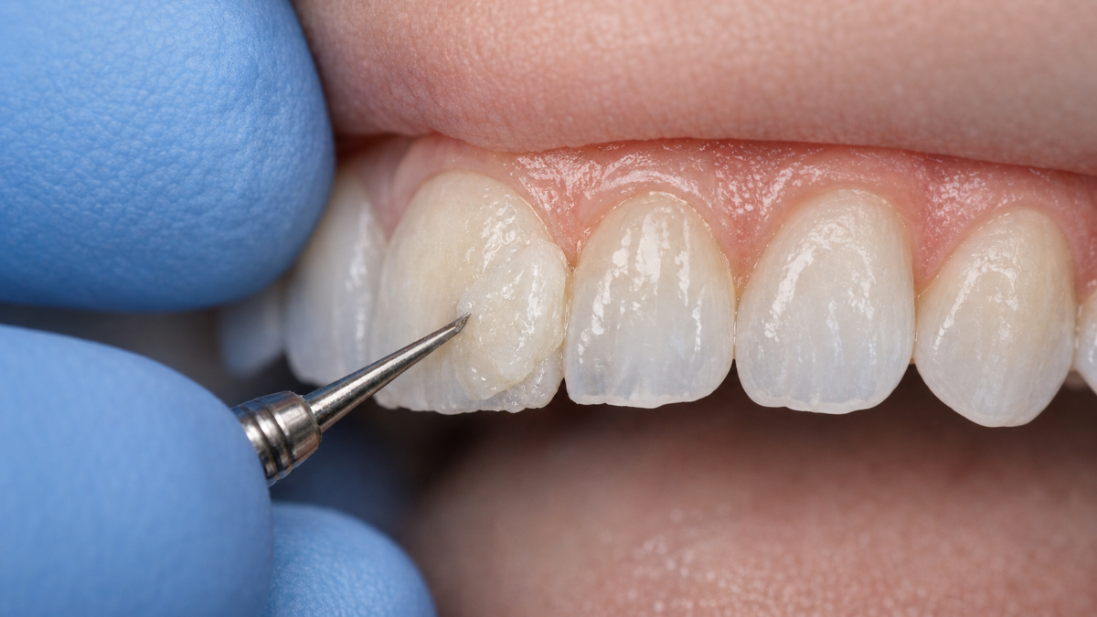 Composite resin being sculpted onto a chipped front tooth during dental bonding in Nobleton, ON