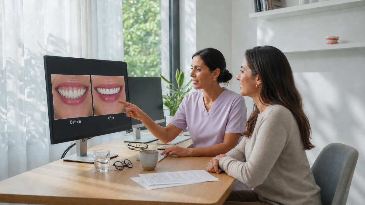 Dentist assessing facial proportions and gum line during gummy smile treatment planning in Nobleton, ON