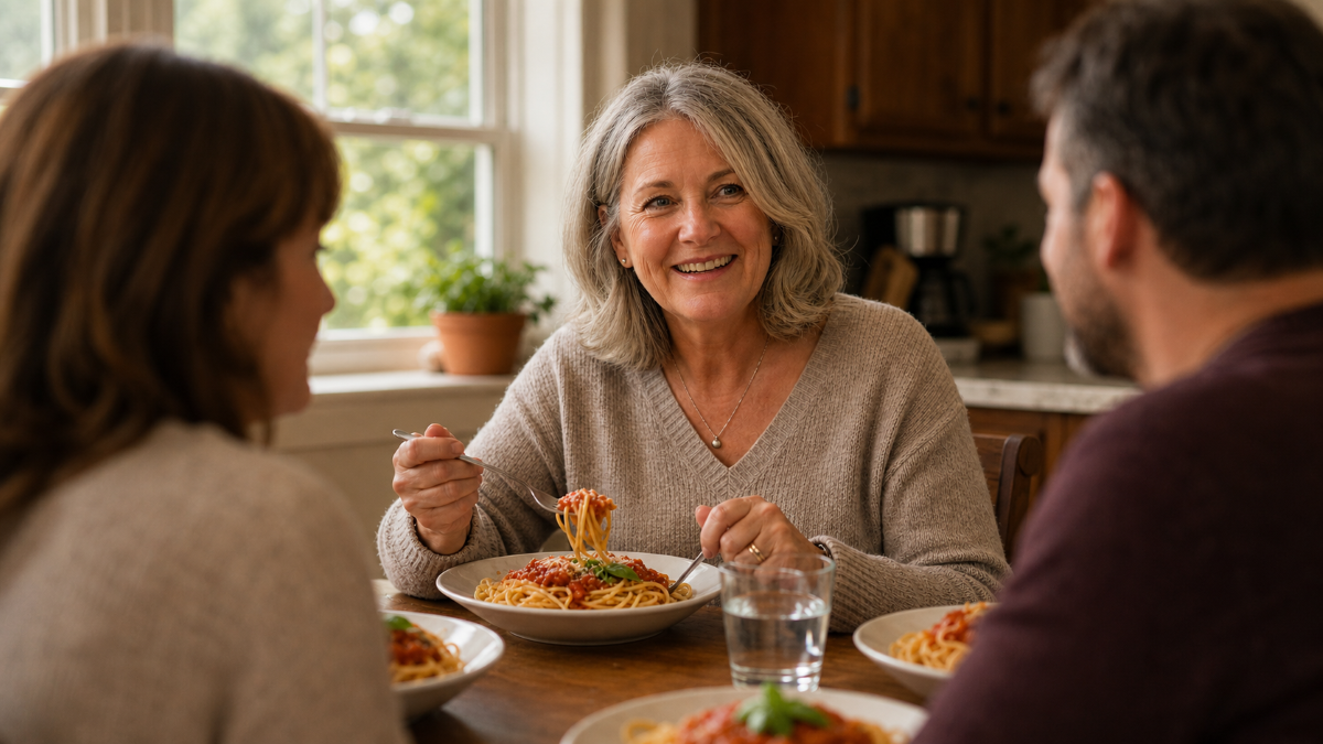 Dentures Nobleton - Eating and Speaking With Confidence Denture wearer eating and speaking confidently at a family meal in Nobleton, ON