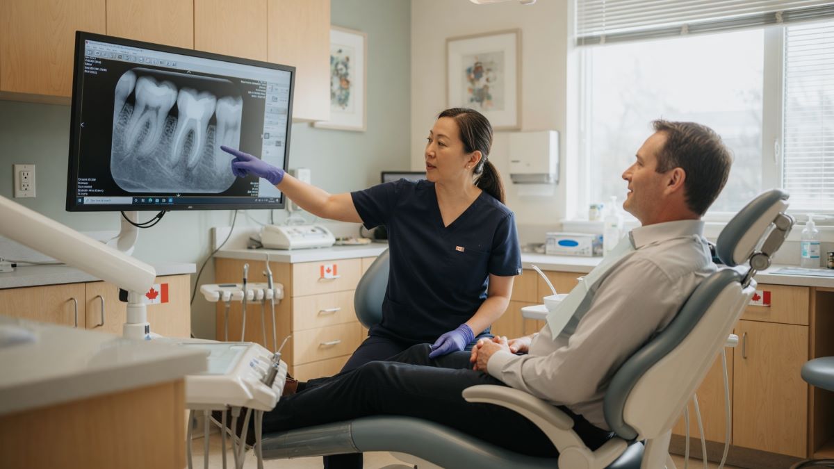 Dental Exam Nobleton - Reviewing Digital X-Rays With a Patient Dentist reviewing a digital x-ray with a patient during a dental exam in Nobleton, ON