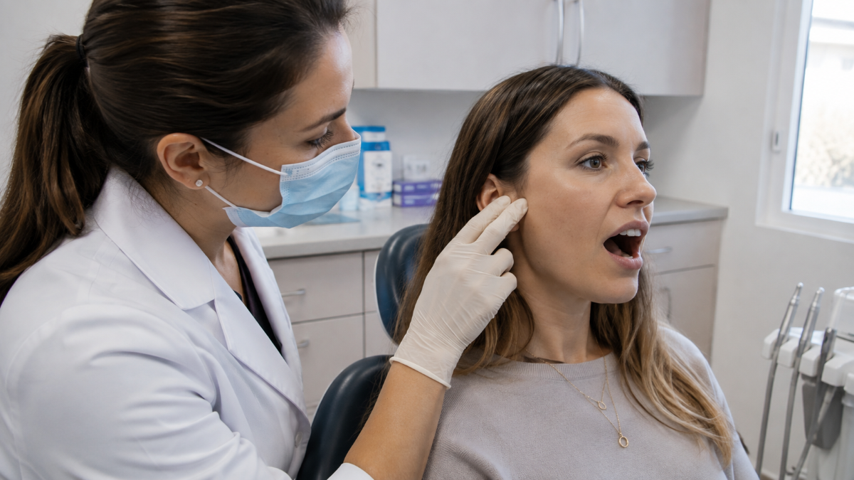 Dentist assessing jaw joint movement before Botox for TMJ in Nobleton, ON