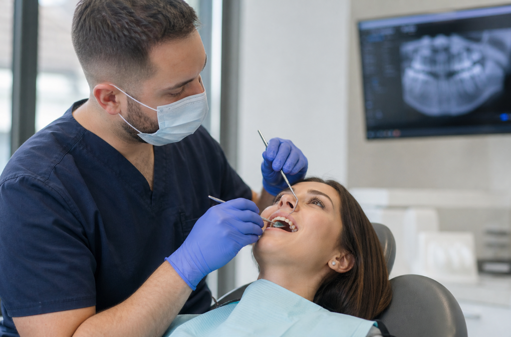 Dental Exams at Aroma Dental in Humble, TX: a dentist carrying out a comprehensive dental exam while digital x rays are displayed on screen