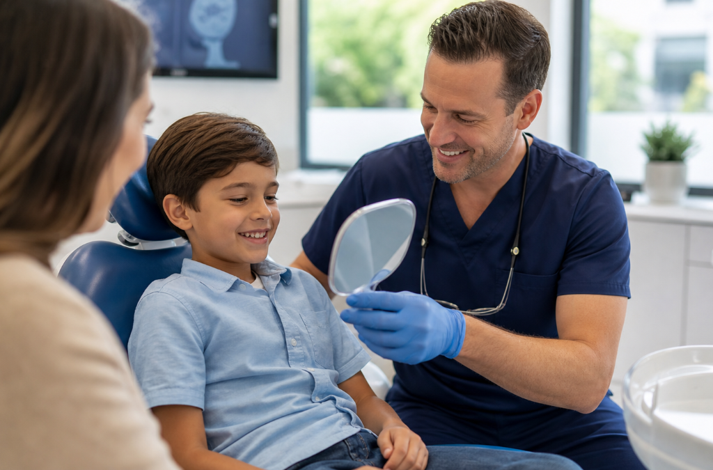 Pediatric Dentistry at Aroma Dental in Humble, TX: a pediatric dentist gently examining a smiling child in a child friendly dental chair