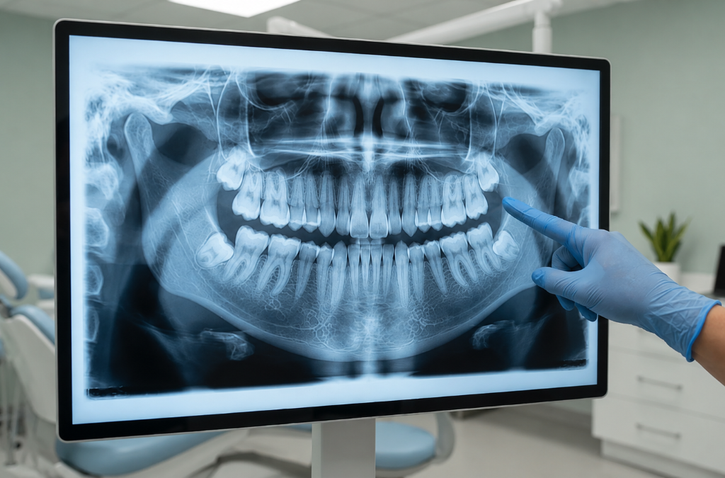 Wisdom Tooth Extraction at Aroma Dental in Humble, TX: a dentist reviewing a panoramic x ray of impacted wisdom teeth with a patient
