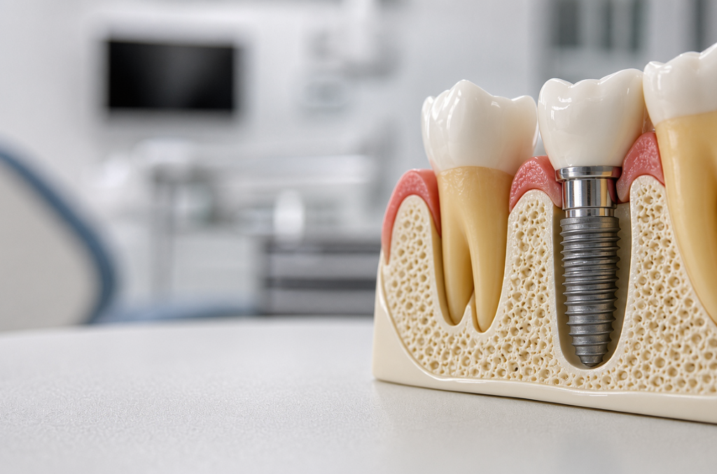 Dental Implants at Aroma Dental in Humble, TX: a dentist explaining a dental implant model with titanium post and ceramic crown to a patient