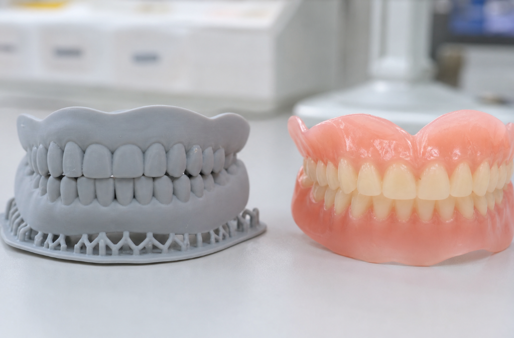 Dentures in Humble, TX | Aroma Dental Dentures at Aroma Dental in Humble, TX: a dentist adjusting a set of natural looking dentures for a comfortable fit