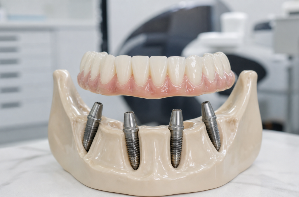 All on 4 Dental Implants at Aroma Dental in Humble, TX: a dentist showing a patient an all on 4 implant supported full arch model
