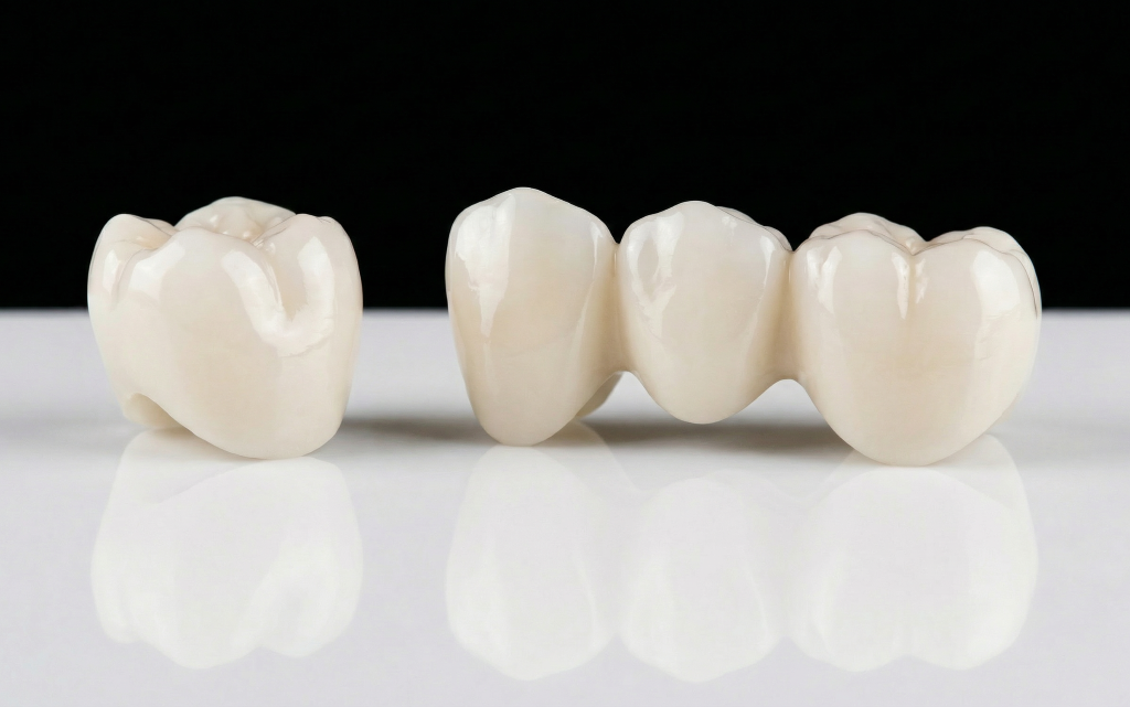 Dental Crowns and Bridges at Aroma Dental in Humble, TX: a dentist fitting a custom ceramic crown onto a prepared tooth