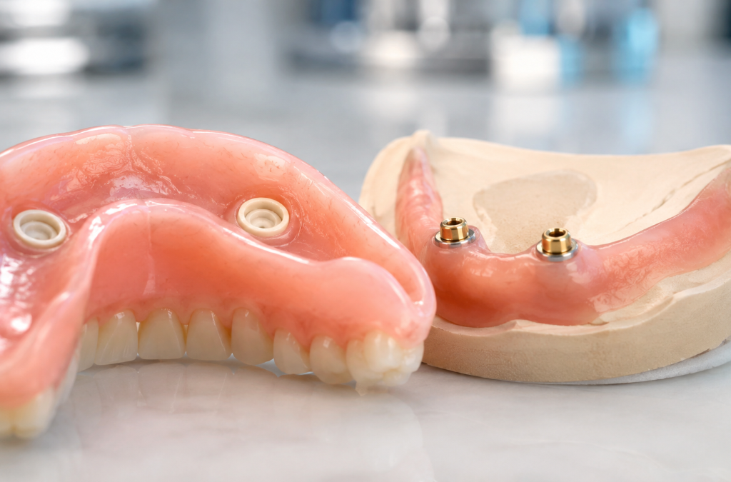 Snap On Dentures at Aroma Dental in Humble, TX: a dentist demonstrating how a snap on denture clips securely onto dental implants