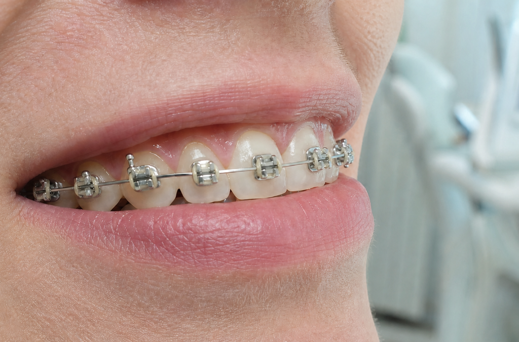 Braces in Humble, TX | Aroma Dental Braces at Aroma Dental in Humble, TX: an orthodontist adjusting fixed braces on a young patient during a routine visit