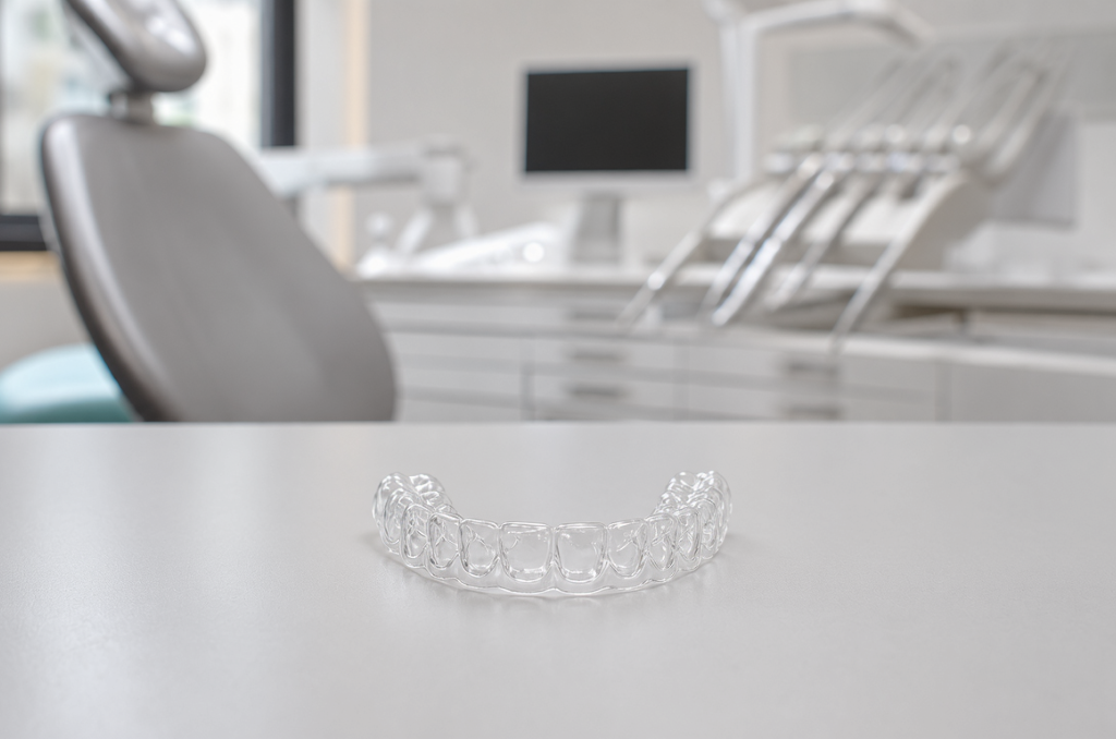 Clear Aligners in Humble, TX | Aroma Dental Clear Aligners at Aroma Dental in Humble, TX: a patient holding a nearly invisible clear aligner tray during an orthodontic review