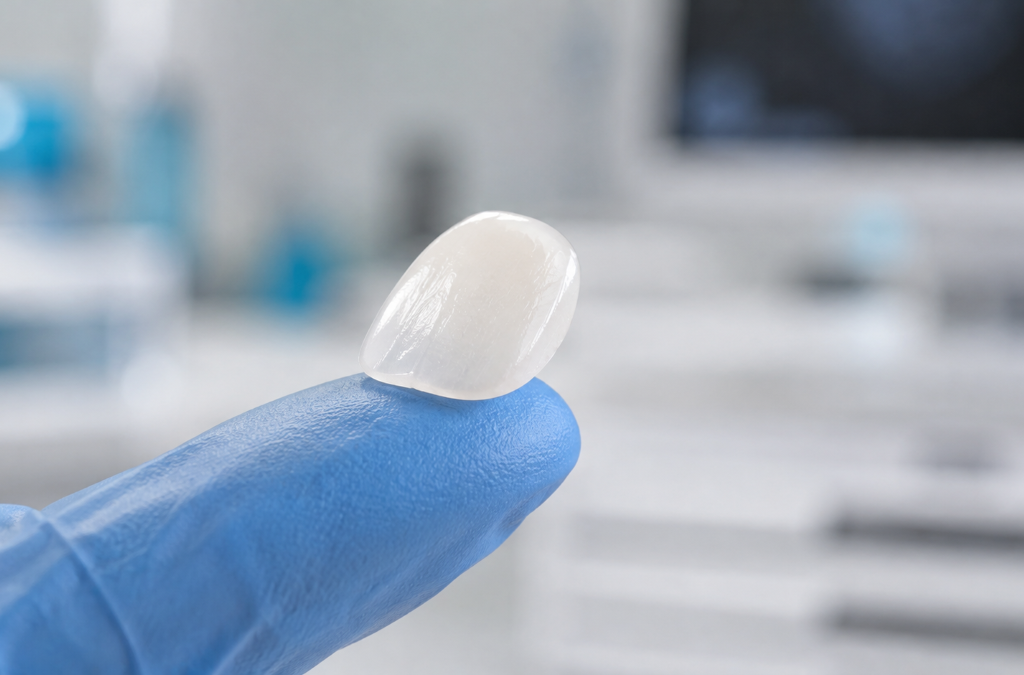 Veneers at Aroma Dental in Humble, TX: a close view of custom porcelain veneers being bonded to a patient's front teeth