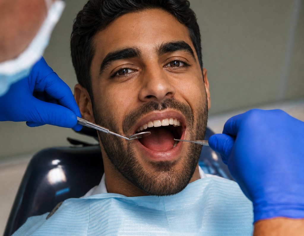 Dental Cleaning at Aroma Dental in Humble, TX: a hygienist scaling and polishing a patient's teeth during a professional dental cleaning
