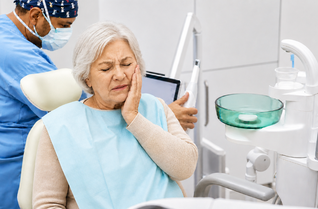 Emergency Dentistry at Aroma Dental in Humble, TX: an emergency dentist examining a patient in pain during a same day urgent appointment